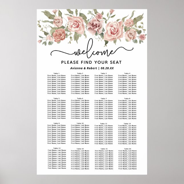 Dusty Pink Rose 16-Tisch Hochzeitstabelle Poster (Vorne)