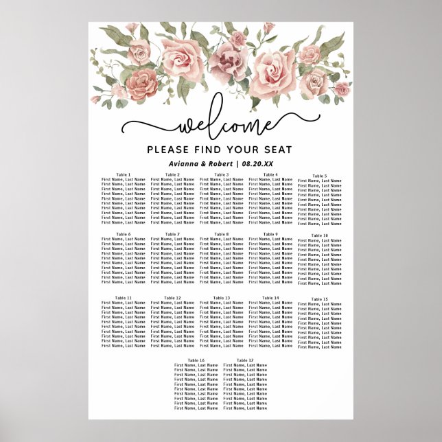 Dusty Pink Rose 17-Tisch Hochzeitstabelle Poster (Vorne)