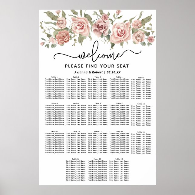 Dusty Pink Rose 18-Tisch Hochzeitstabelle Poster (Vorne)