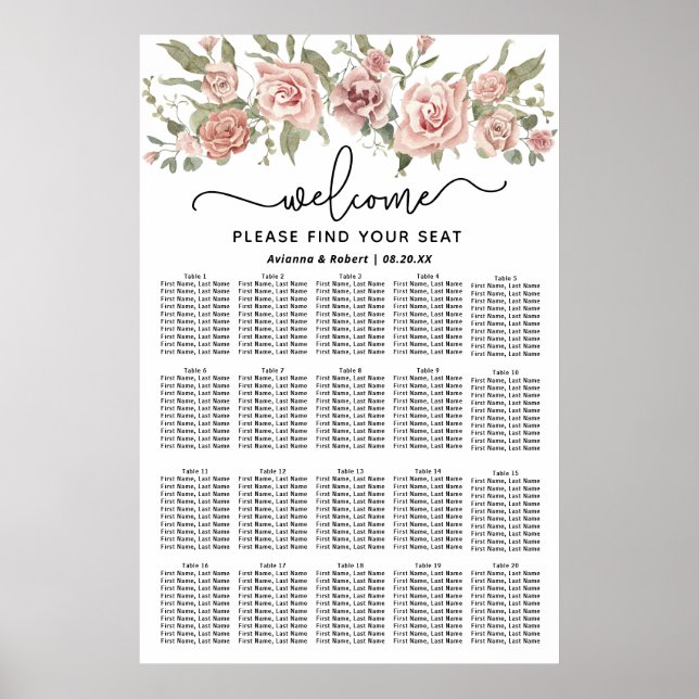 Dusty Pink Rose 20-Tisch Hochzeitstabelle Poster (Vorne)