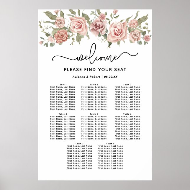 Dusty Pink Rose 8-Tisch Hochzeitstabelle Poster (Vorne)