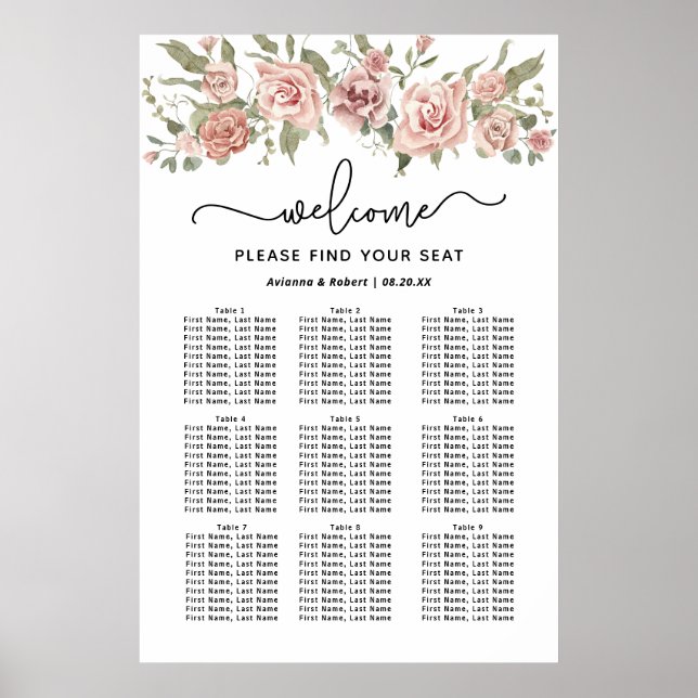 Dusty Pink Rose 9-Tisch Hochzeitstabelle Poster (Vorne)