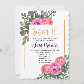 Dusty Pink Rose Flora Grüne Gold Süß 16 Einladung