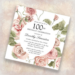 Dusty Pink Rose Floral 100. Geburtstag Einladung
