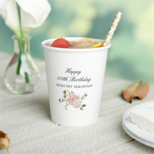 Dusty Pink Rose Floral 100. Geburtstag Pappbecher