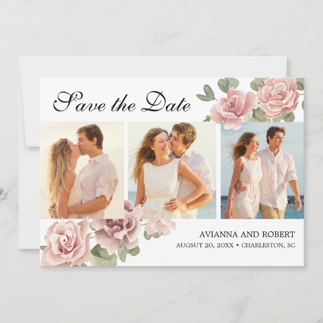 Dusty Pink Rose Floral 3 Foto Moderne Hochzeit Save The Date (Vorderseite)