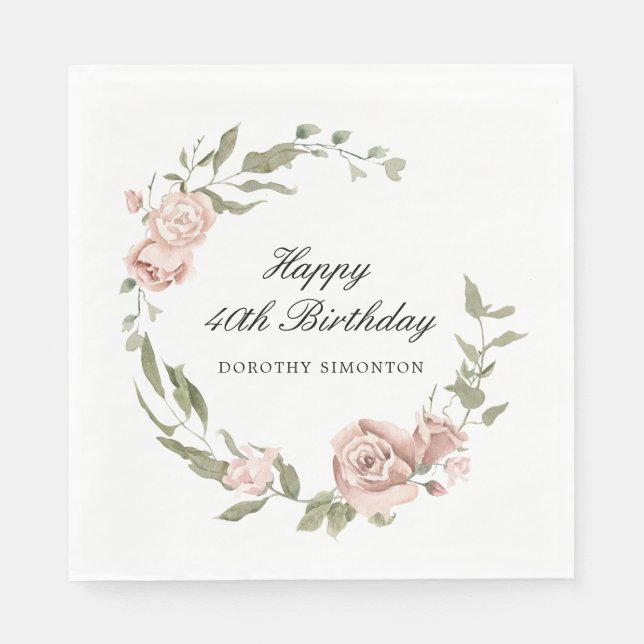 Dusty Pink Rose Floral 40. Geburtstag Serviette (Vorderseite)