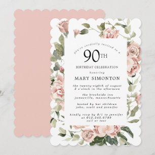 Dusty Pink Rose Floral 90. Geburtstagsparty Einladung