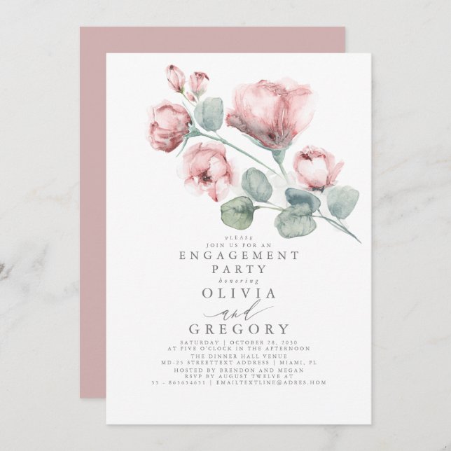 Dusty Pink Rose Floral Elegante Engagement Party Einladung (Vorne/Hinten)