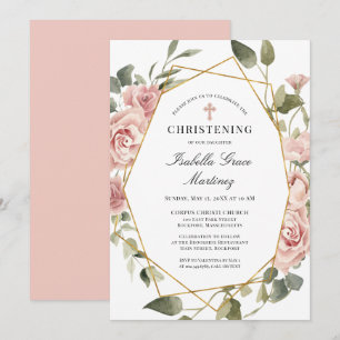 Dusty Pink Rose Floral Elegantes Christening Einladung