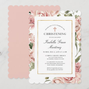 Dusty Pink Rose Floral Elegantes Christening Einladung