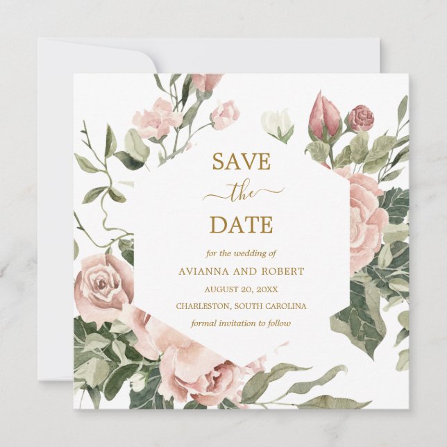 Dusty Pink Rose Floral Gold Save the Date (Vorderseite)
