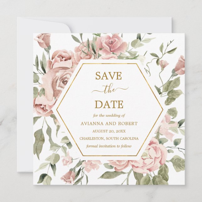 Dusty Pink Rose Floral Gold Save the Date (Vorderseite)