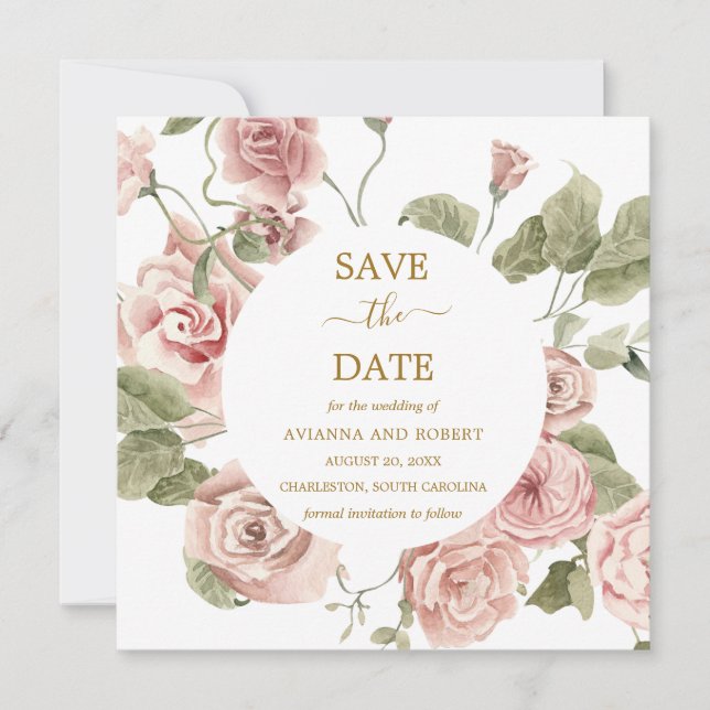 Dusty Pink Rose Floral Gold Save the Date (Vorderseite)