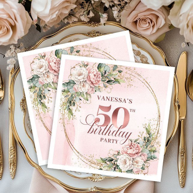 Dusty Pink Rose Gold Floral 50th Birthday Dinner  Serviette (Dusty Pink Rose Gold Floral 50th Birthday Dinner Napkins

)