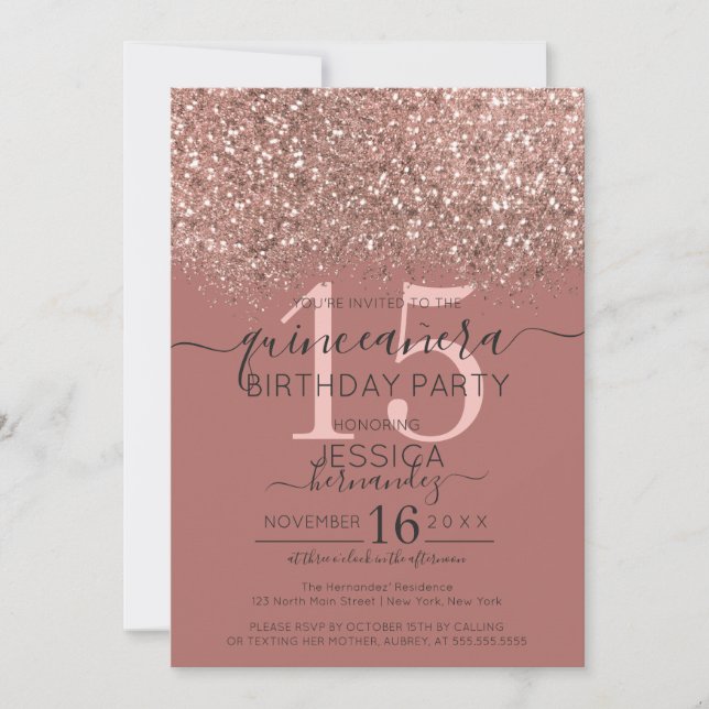 Dusty Pink Rose Gold Glitzer Confetti Quinceañera Einladung (Vorderseite)