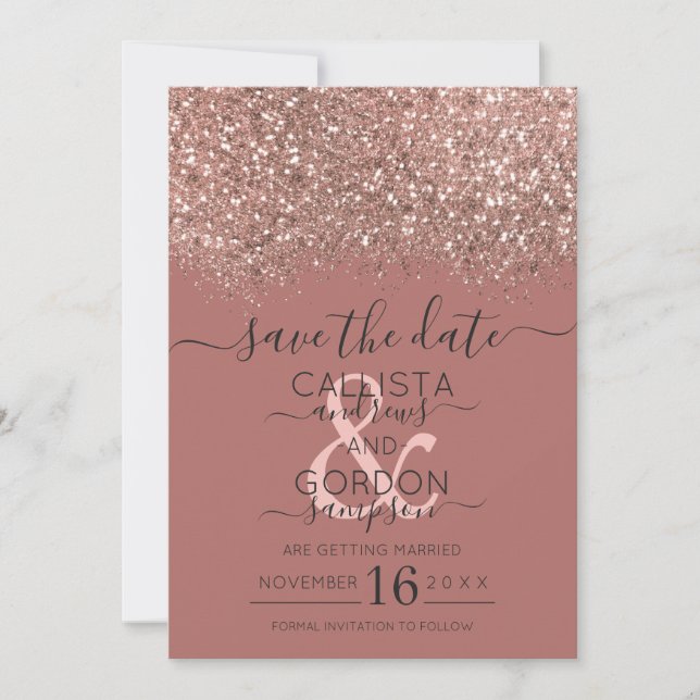 Dusty Pink Rose Gold Glitzer Confetti Wedding Save The Date (Vorderseite)