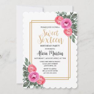 Dusty Pink Rose Greenery Botanical Gold Sweet 16 Einladung