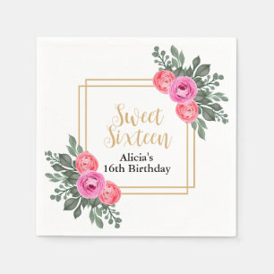 Dusty Pink Rose Greenery Botanical Gold Sweet 16 Serviette