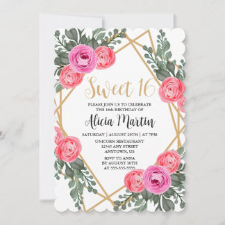 Dusty Pink Rose Grüne Flora Gold Sweet 16 Einladung