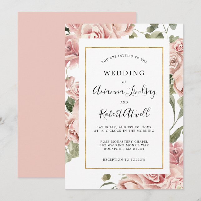 Dusty Pink Rose Rustic Floral Wedding Einladung (Vorne/Hinten)