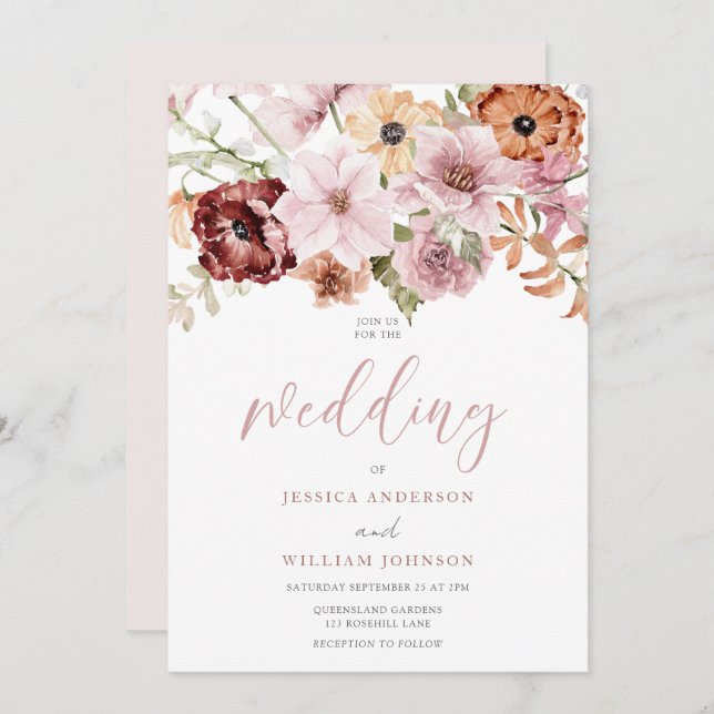 Dusty Pink Rose Watercolor Florals Wedding Einladung (Vorne/Hinten)