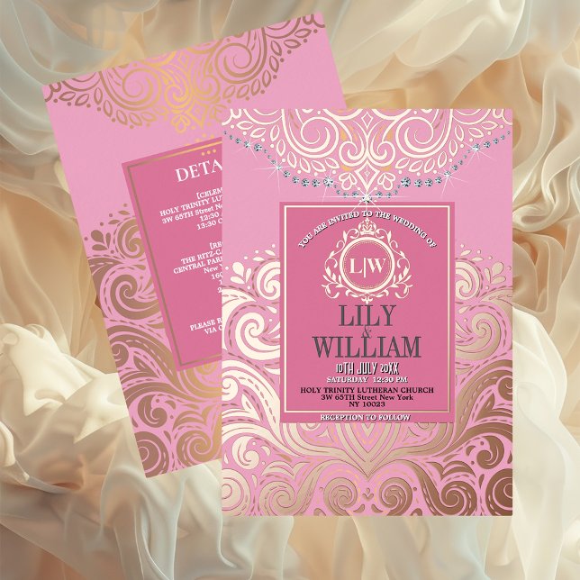 Dusty Pink RoseGold Classic Monogram Boho Wedding Folieneinladung (Luxurious Elegant Classic Boho Wedding Invitation - Real Foil and Monogram)