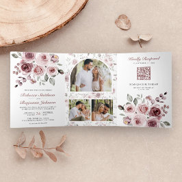 Dusty Pink Roses All in One QR Code Wedding Dreifach Gefaltete Einladung