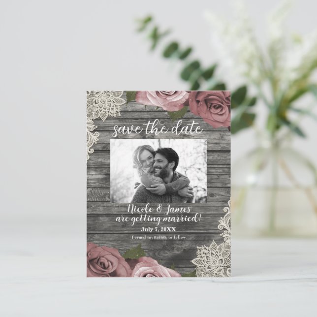 Dusty Pink Roses & Cream Lace Grau Save the Date Einladung (Stehend Vorderseite)
