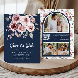 Dusty Pink Roses Foto QR Code Navy Blue Wedding Save The Date