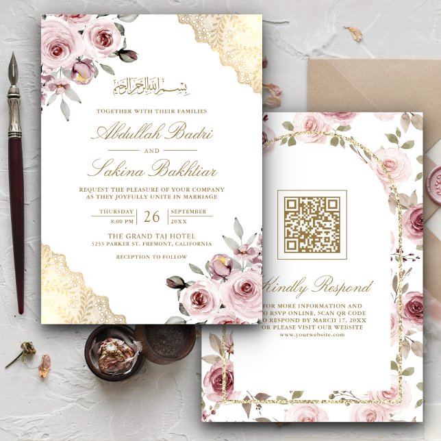 Dusty Pink Roses Gold Lace QR Code muslimische Hoc Einladung (Von Creator hochgeladen)