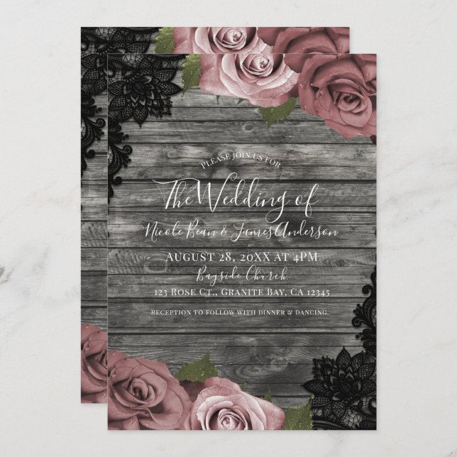 Dusty Pink Roses Gray Rustic Black Lace Wedding Einladung (Vorne/Hinten)