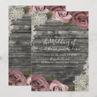 Dusty Pink Roses Gray Rustic Wood Lace Wedding