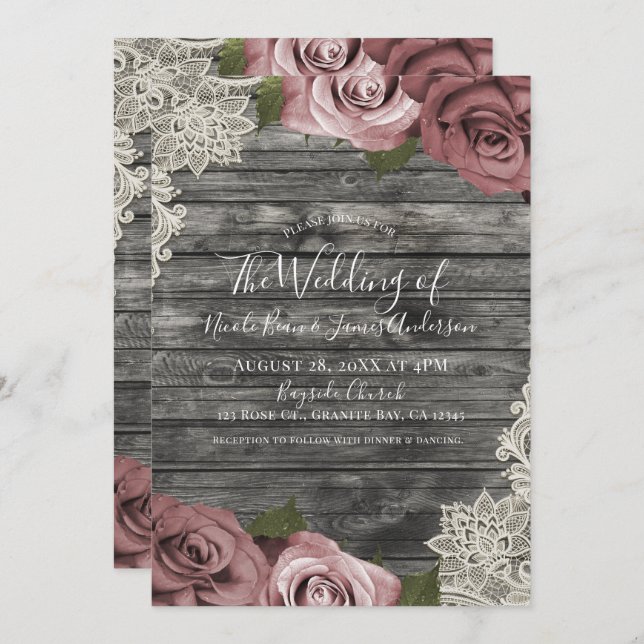 Dusty Pink Roses Gray Rustic Wood Lace Wedding Einladung (Vorne/Hinten)