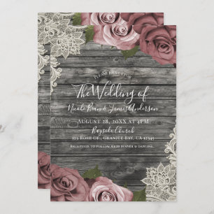 Dusty Pink Roses Gray Rustic Wood Lace Wedding Einladung