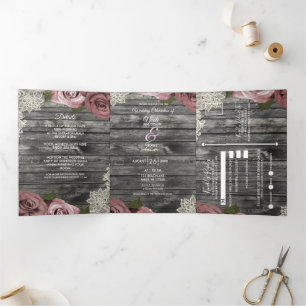 Dusty Pink Roses & Lace Rustikal Gray Wood Wedding Dreifach Gefaltete Einladung