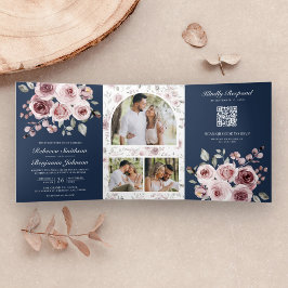 Dusty Pink Roses Navy Blue QR Code Hochzeit Dreifach Gefaltete Einladung