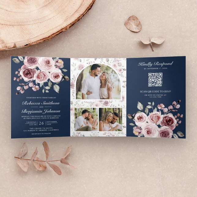 Dusty Pink Roses Navy Blue QR Code Hochzeit Dreifach Gefaltete Einladung (Von Creator hochgeladen)