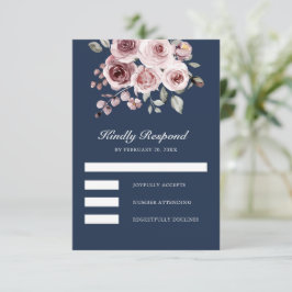 Dusty Pink Roses Navy Blue Wedding RSVP Karte