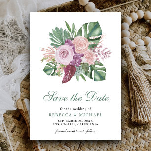 Dusty Pink Roses Tropical Monstera Hochzeit Save The Date