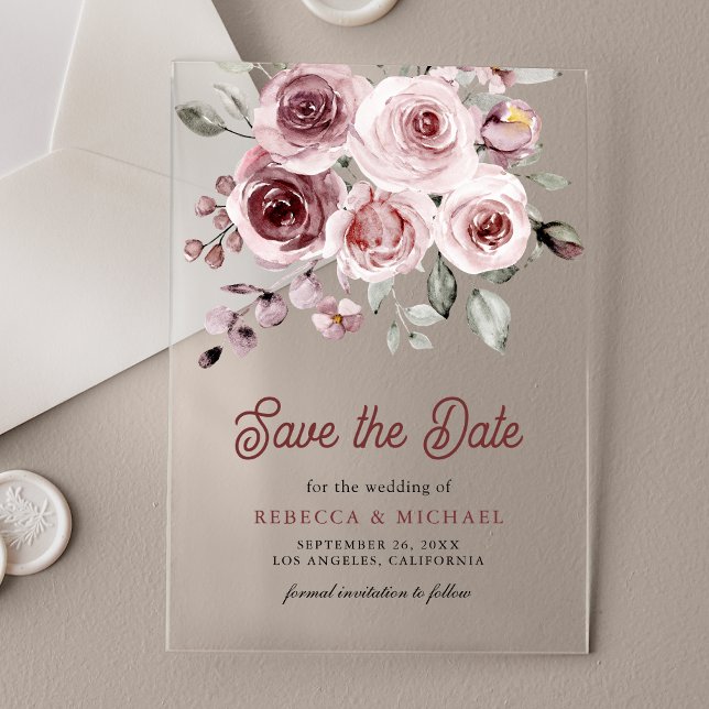 Dusty Pink Roses Wedding Save the Date Acryleinladungen (Von Creator hochgeladen)