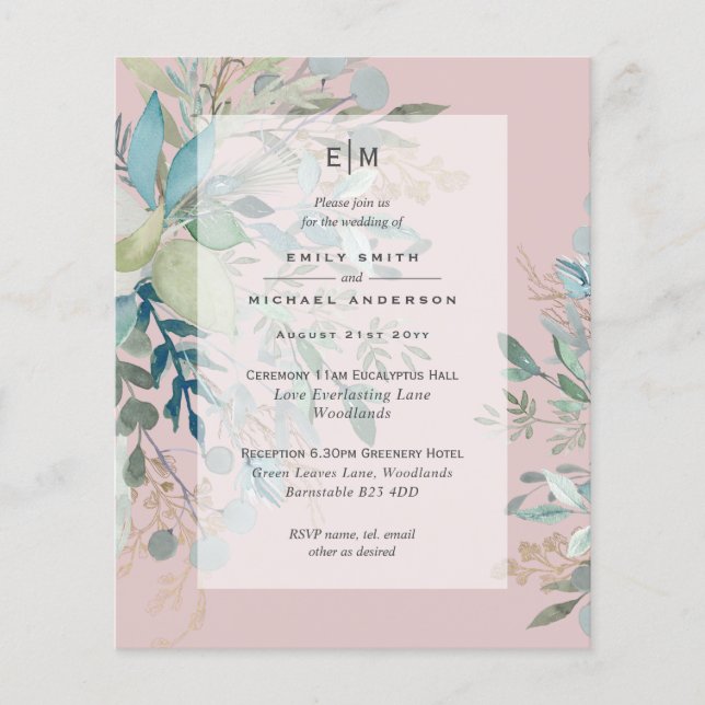Dusty Pink Sage Hochzeit Zeremonie und Empfang Inv Flyer (Vorne)