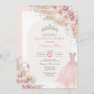 Dusty Pink Silver Boho Blume Quinceañera Kleid Einladung
