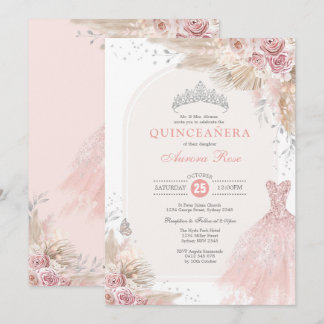 Dusty Pink Silver Boho Blume Quinceañera Kleid Einladung