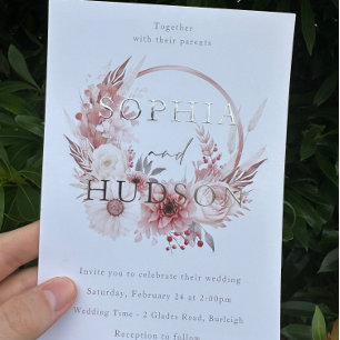 Dusty Pink Silver Foil Modern Boho Wreath Wedding Folieneinladung