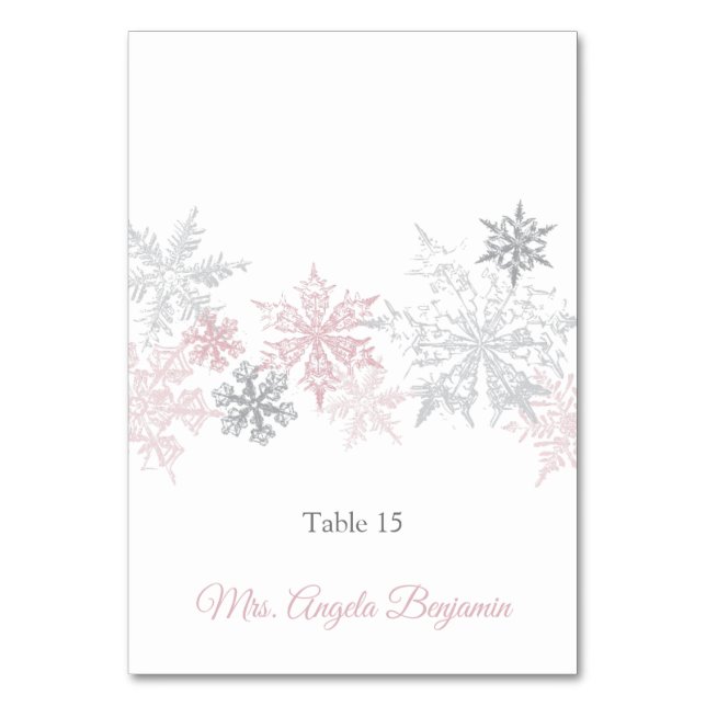 Dusty Pink & Silver Snowflakes Hochzeit Platzkarte Tischnummer (Vorderseite)