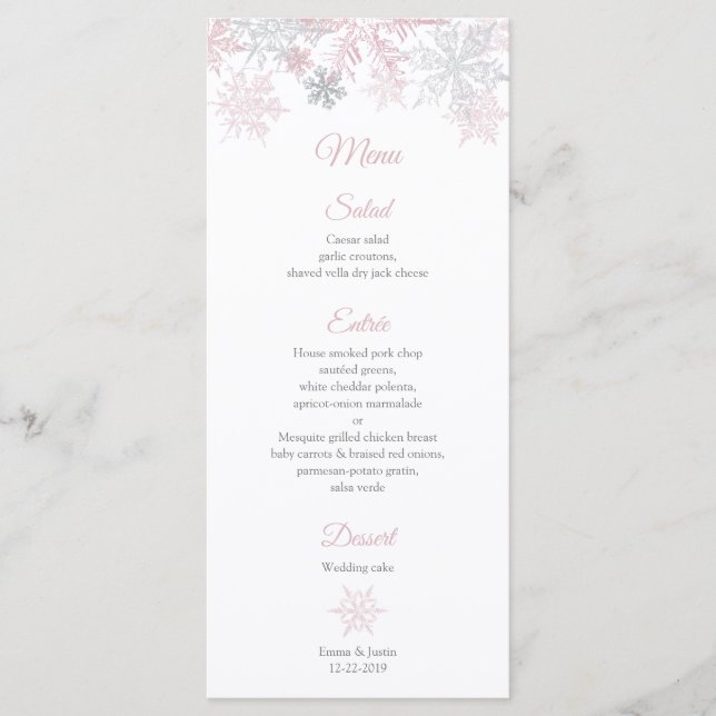 Dusty Pink & Silver Snowflakes Hochzeitskarte Menükarte (Vorderseite)