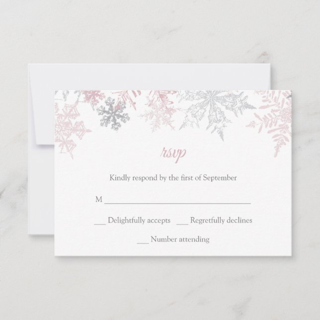 Dusty Pink & Silver Snowflakes Winterhochzeit RSVP Karte (Vorderseite)