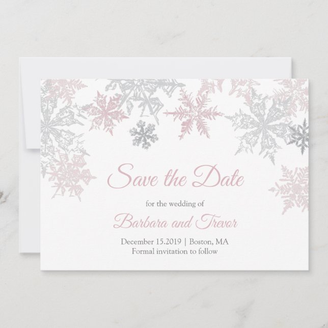 Dusty Pink & Silver Snowflakes Winterhochzeit Save The Date (Vorderseite)
