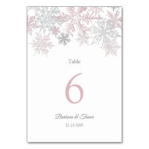 Dusty Pink & Silver Snowflakes Winterhochzeit Tischnummer